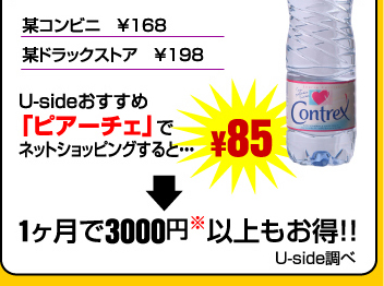 某コンビニ　\168某ドラックストア　\198　\85　Usideおすすめ「ピアーチェ」でネットショッピングすると・・・コントレックス500ｍｌで検証!!1ヶ月で3000円※以上もお得!!Uside調べ