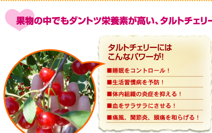 果物の中でもダントツ栄養素が高い、タルトチェリーを100％使用！タルトチェリーにはこんなパワーが！■睡眠をコントロール！■生活習慣病を予防！■体内組織の炎症を抑える！■血をサラサラにさせる！■痛風、関節炎、頭痛を和らげる！