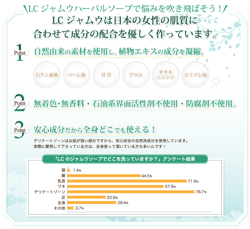 LCジャムウは日本の女性の肌質に合わせて成分の配合を優しく作っています。