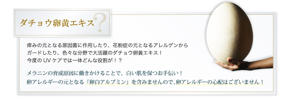 ダチョウ卵黄エキス？痒みの元となる原因菌に作用したり、花粉症の元となるアレルゲンからガードしたり、色々な分野で大活躍のダチョウ卵黄エキス！今度のUVケアでは一体どんな役割が！？メラニンの育成原因に働きかけることで、白い肌を保つお手伝い！卵アレルギーの元となる『卵白アルブミン』を含みませんので､卵アレルギーの心配はございません！