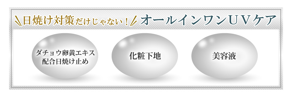 日焼け対策だけじゃない！オールインワンＵＶケア。ダチョウ卵黄エキス配合日焼け止め。化粧下地。美容液。