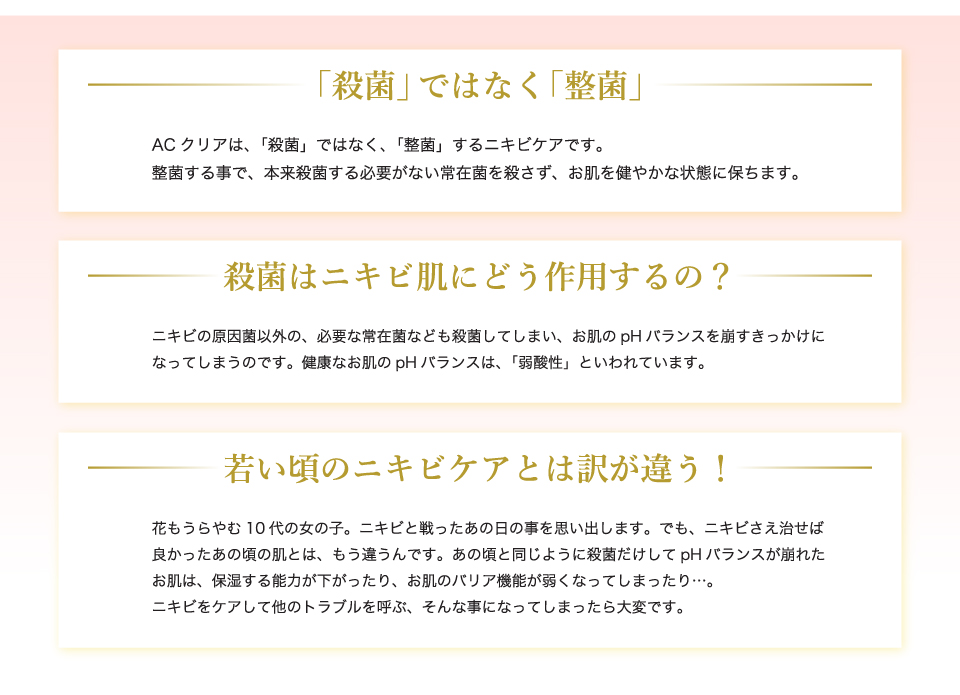 ACクリアは、「殺菌」ではなく、「整菌」するニキビケアです。整菌する事で、本来殺菌する必要がない常在菌を殺さず、お肌を健やかな状態に保ちます。通常のニキビケアだと、ニキビの原因菌以外の、必要な常在菌なども殺菌してしまい、お肌のpHバランスを崩すきっかけになってしまうのです。健康なお肌のpHバランスは、「弱酸性」といわれています。若い頃のニキビケアと同じように殺菌だけしてpHバランスが崩れたお肌は、保湿する能力が下がったり、お肌のバリア機能が弱くなってしまったり…。ニキビをケアして他のトラブルを呼ぶ、そんな事になってしまったら大変です。