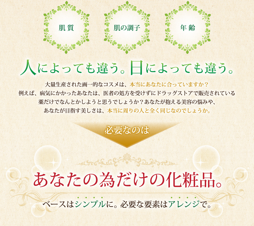 肌質・肌の調子・年齢人によっても違う。日によっても違う。あなたが抱える美容の悩みや、あなたが目指す美しさは、本当に周りの人と全く同じなのでしょうか。必要なのはあなたの為だけの化粧品。