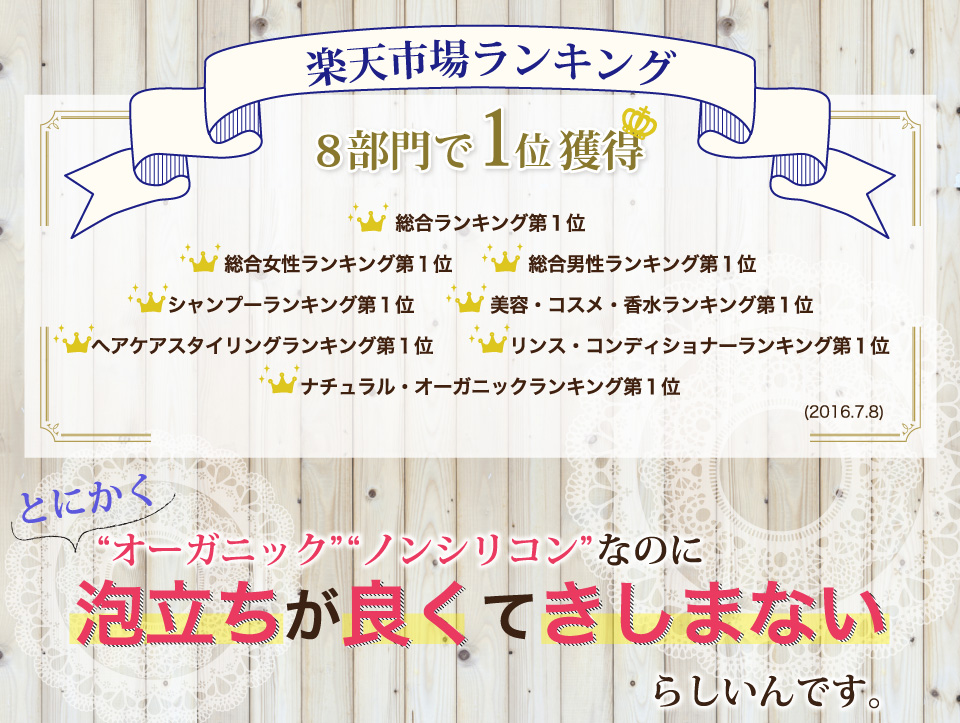 楽天市場ランキング8部門で1位獲得。とにかく、オーガニック、ノンシリコンなのに泡立ちが良くてきしまないらしいんです