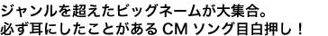 ジャンルを超えたビッグネームが大集合。
必ず耳にしたことがあるCMソング目白押し！
