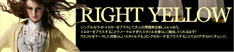 RIGHT YELLOW シンプルなライトイエローをプラスして大人の雰囲気を楽しんじゃおう。イエローをプラスすることでノーマルすぎたスタイルを春らしく演出してくれるはず！　ウエストをマークした可愛らしいスタイルでも、ロングのカーデをプラスすることでよりアダルトにチェンジ。