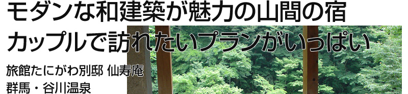 モダンな和建築が魅力の山間の宿

カップルで訪れたいプランがいっぱい

旅館たにがわ　別邸　仙寿庵

群馬・谷川温泉