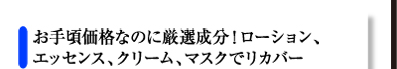 お手頃価格なのに厳選成分！ローション、エッセンス、クリーム、マスクでリカバー