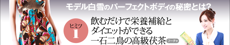 モデル白雪のパーフェクトボディの秘密とは？　ヒミツ１　飲むだけで栄養補給とダイエットができる一石二鳥の高級茯茶（フーチャ）