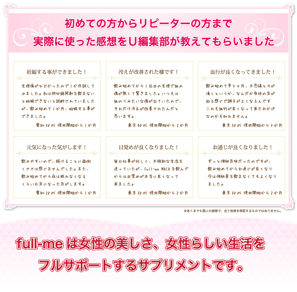 初めての方からリピーターの方まで実際に使った感想をＵ編集部が教えてもらいました。妊娠する事が出来ました。冷えが改善された様です。血行が良くなってきました。元気になった気がします。目覚めが良くなりました。お通じが良くなりました。full-meは女性の美しさ、女性らしい生活をフルサポートするサプリメントです。