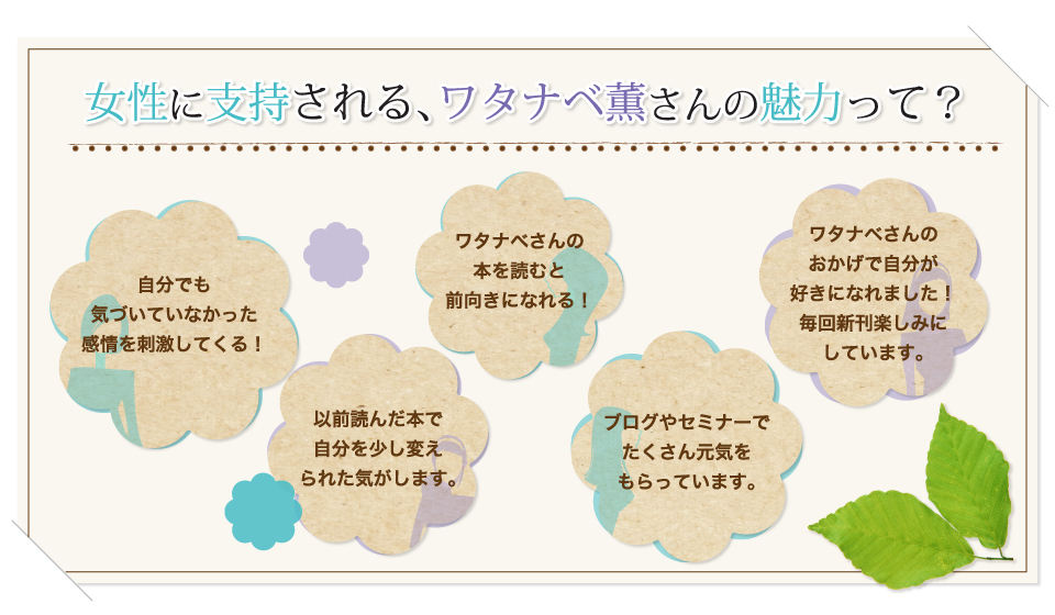 女性に支持される、ワタナベ薫さんの魅力って？自分でも気づいていなかった感情を刺激してくる！ワタナベさんの本を読むと前向きになれる！ブログやセミナーでたくさん元気をもらっています。