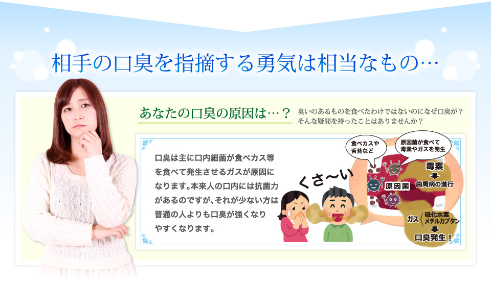 口臭は主に口内細菌が食べカス等を食べて発生させるガスが原因になります。本来人の口内には抗菌力があるのですが、それが少ない方は普通の人よりも口臭が強くなりやすくなります。