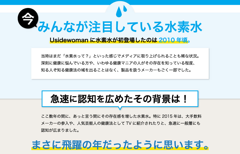 みんなが注目している水素水Usidewomanに水素水が初登場したのは2010年頃。当時はまだ「水素水って？」といった感じでメディアに取り上げられることも稀な状況深刻に健康に悩んでいる方や、いわゆる健康マニアの人がその存在を知っている程度、知る人ぞ知る健康法の域を出ることはなく、製品を扱うメーカーもごく一部でした。ここ数年の間に、あっと言う間にその存在感を増した水素水。特に2015年は、大手飲料メーカーの参入や、人気芸能人の健康法としてTVに紹介されたりと、急速に一般層にも認知が広まりました。まさに飛躍の年だったように思います。