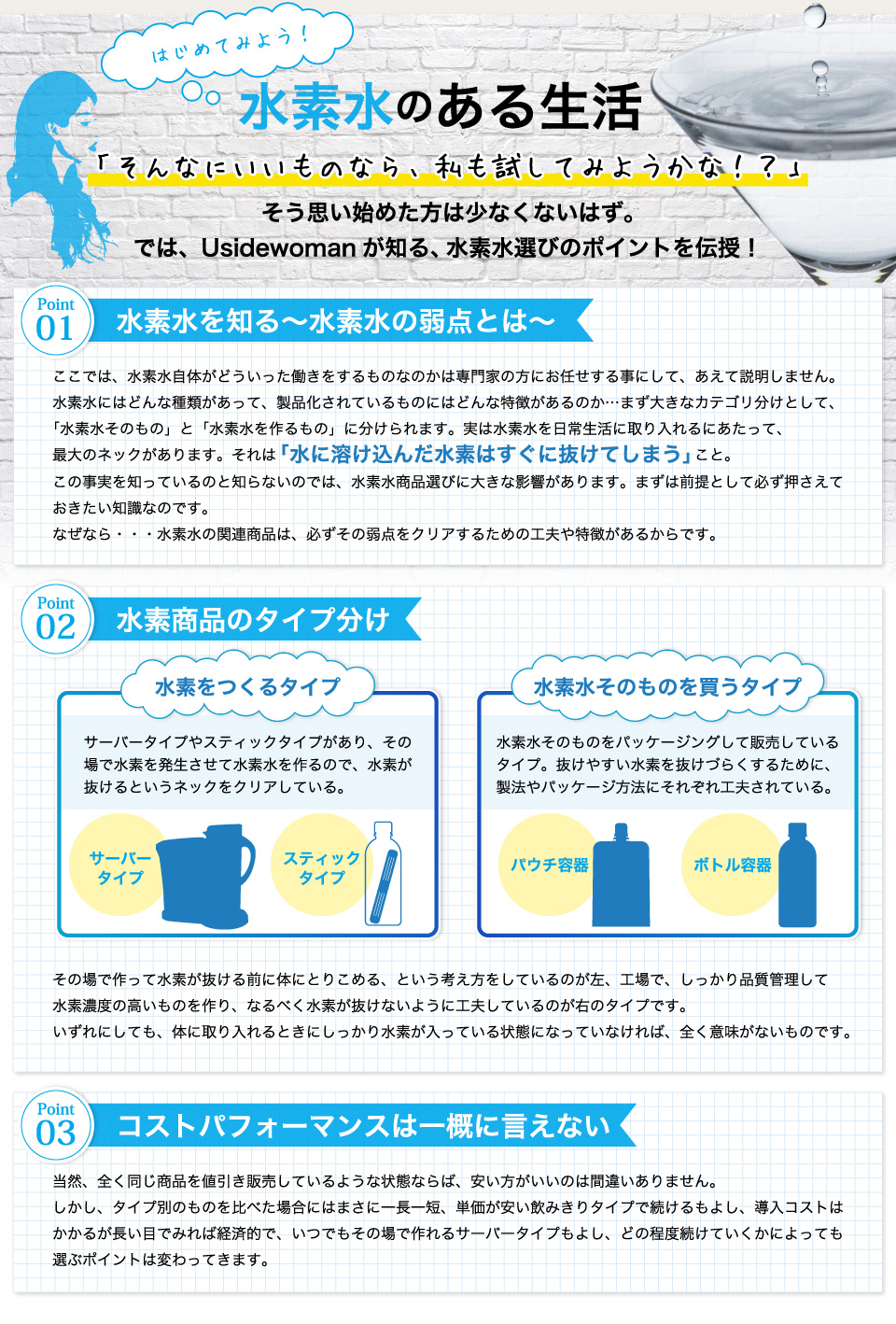 はじめてみよう！水素水のある生活そんなにいいものなら、私も試してみようかな！？そう思い始めた方は少なくないはず。では、Usidewomanが知る、水素水選びのポイントを伝授！水素水を知る-水素水の弱点とは。水素商品のタイプ分け。コストパフォーマンスは一概に言えない