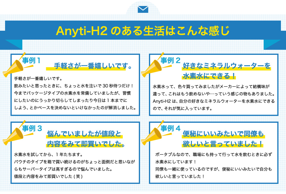 Anyti-H2のある生活はこんな感じ。手軽さが一番嬉しいです。好きなミネラルウォーターを水素水にできる！悩んでいましたが値段と内容をみて即買いでした。便秘にいいみたいで同僚も欲しいと言っていました！