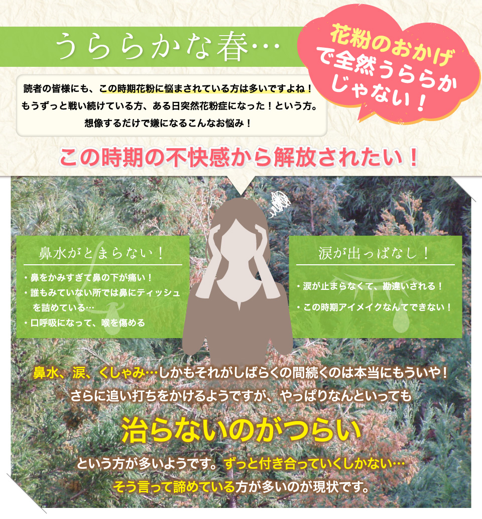 読者の皆様にも、この時期花粉に悩まされている方は多いですよね。もうずっと戦い続けている方、ある日突然花粉症になった！という方。想像するだけで嫌になるこんなお悩み！鼻水、涙、くしゃみ、しかもそれがしばらくの間続くのは本当にもういや！さらに追い打ちをかけるようですが、やっぱりなんといっても治らないのがつらいという方が多いようです。ずっと付き合っていくしかない…そう言って諦めている方が多いのが現状です。
