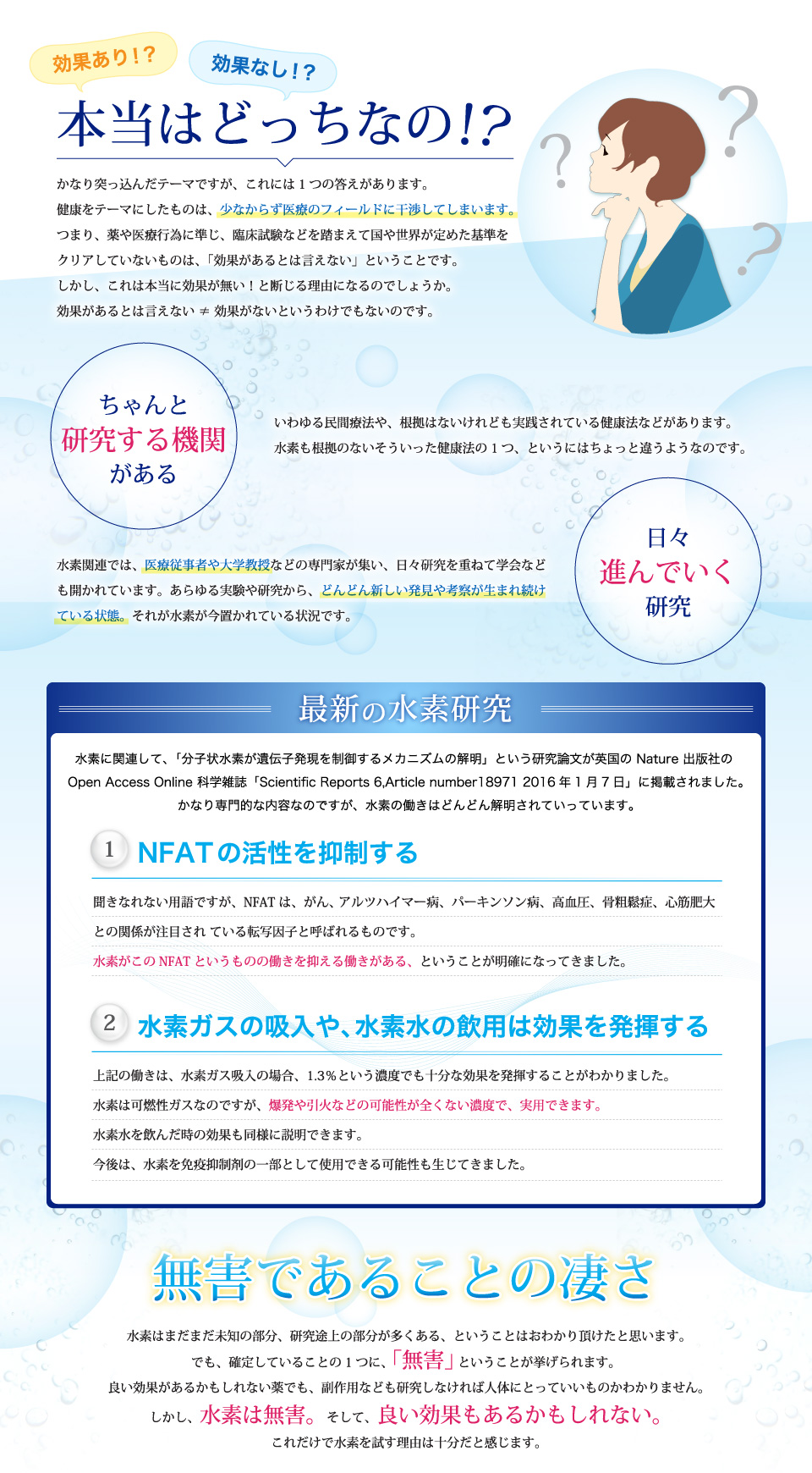 効果あり！？効果なし！？本当はどっちなの！？健康をテーマにしたものは、少なからず医療のフィールドに干渉してしまいます。つまり、薬や医療行為に準じ、臨床試験などを踏まえて国や世界が定めた基準をクリアしていないものは、「効果があるとは言えない」ということです。しかし、これは本当に効果が無い！と断じる理由になるのでしょうか。ちゃんと研究する機関がある。水素は根拠のない健康法の1つ、というにはちょっと違うようなのです。日々進んでいく研究。水素関連では、医療従事者や大学教授などの専門家が集い、日々研究を重ねて学会なども開かれています。あらゆる実験や研究から、どんどん新しい発見や考察が生まれ続けている状態。1.NFAT の活性を抑制する2.水素ガスの吸入や、水素水の飲用は効果を発揮する。無害であることの凄さ。良い効果があるかもしれない薬でも、副作用なども研究しなければ人体にとっていいものかわかりません。しかし、水素は無害。