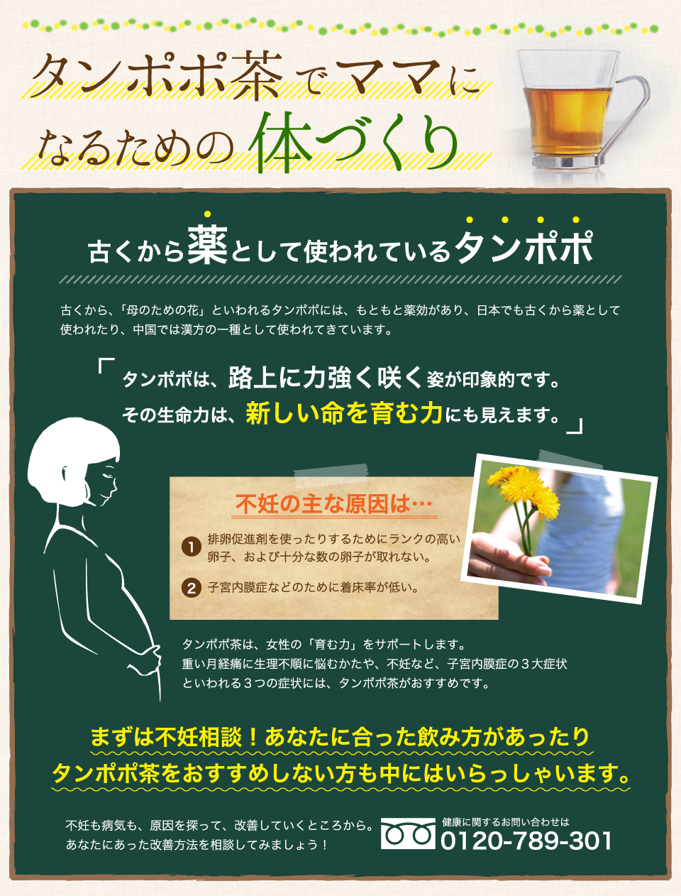 タンポポ茶でママになるための体づくり。古くから、「母のための花」といわれるタンポポには、もともと薬効があり、日本でも古くから薬として使われたり、中国では漢方の一種として使われてきています。不妊の主な原因は、1、排卵促進剤を使ったりするためにランクの高い卵子、および十分な数の卵子が取れない。2、子宮内膜症などのために着床率が低い。タンポポ茶は、女性の「育む力」をサポートします。重い月経痛に生理不順に悩むかたや、不妊など、子宮内膜症の3大症状といわれる3つの症状には、タンポポ茶がおすすめです。不妊も病気も、原因を探って、改善していくところから。あなたにあった改善方法を相談してみましょう！健康に関するお問い合わせは、0120-789-301