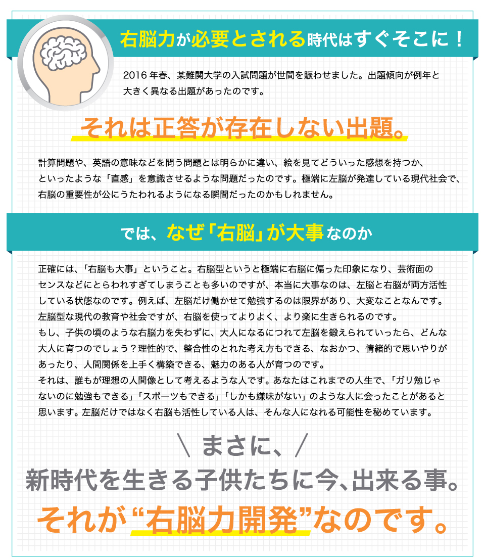 右脳力が必要とされる時代はすぐそこに！2016年春、某難関大学の入試問題が世間を賑わせました。出題傾向が例年と大きく異なる出題があったのです。それは正答が存在しない出題。計算問題や、英語の意味などを問う問題とは明らかに違い、絵を見てどういった感想を持つか、といったような「直感」を意識させるような問題だったのです。極端に左脳が発達している現代社会で、右脳の重要性が公にうたわれるようになる瞬間だったのかもしれません。では、なぜ「右脳」が大事なのか。正確には、「右脳も大事」ということ。右脳型というと極端に右脳に偏った印象になり、芸術面のセンスなどにとらわれすぎてしまうことも多いのですが、本当に大事なのは、左脳と右脳が両方活性している状態なのです。例えば、左脳だけ働かせて勉強するのは限界があり、大変なことなんです。左脳型な現代の教育や社会ですが、右脳を使ってよりよく、より楽に生きられるのです。もし、子供の頃のような右脳力を失わずに、大人になるにつれて左脳を鍛えられていったら、どんな大人に育つのでしょう？理性的で、整合性のとれた考え方もできる、なおかつ、情緒的で思いやりがあったり、人間関係を上手く構築できる、魅力のある人が育つのです。それは、誰もが理想の人間像として考えるような人です。 あなたはこれまでの人生で、「ガリ勉じゃないのに勉強もできる」「スポーツもできる」「しかも嫌味がない」 のような人に会ったことがあると思います。 左脳だけではなく右脳も活性している人は、そんな人になれる可能性を秘めています。まさに、新時代を生きる子供たちに今、出来る事。それが“右脳力開発”なのです。