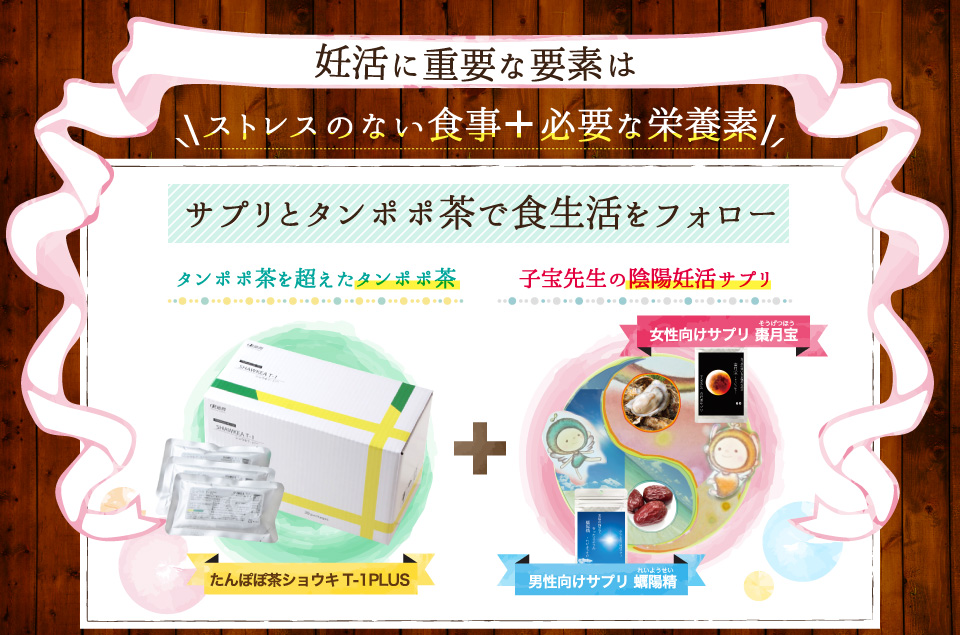 妊活に重要な要素はストレスのない食事（タンポポ茶を超えたタンポポ茶）＋必要な栄養素（子宝先生の陰陽妊活サプリ）。サプリとタンポポ茶で食生活をフォロー