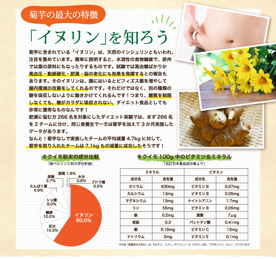 菊芋の最大の特徴“イヌリン”を知ろう。糖質を制限しなくても、糖がカラダに吸収されない、ダイエット食品としても非常に優秀なものなんです！