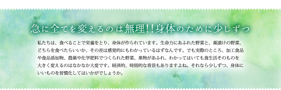 急に全てを変えるのは無理！！身体のために少しずつ加工食品や食品添加物、農薬や化学肥料でつくられた野菜、果物があふれ、わかってはいても食生活そのものを大きく変えるのはなかなか大変です。経済的、時間的な背景もありますよね。それなら少しずつ、身体にいいものを習慣化してはいかがでしょうか。