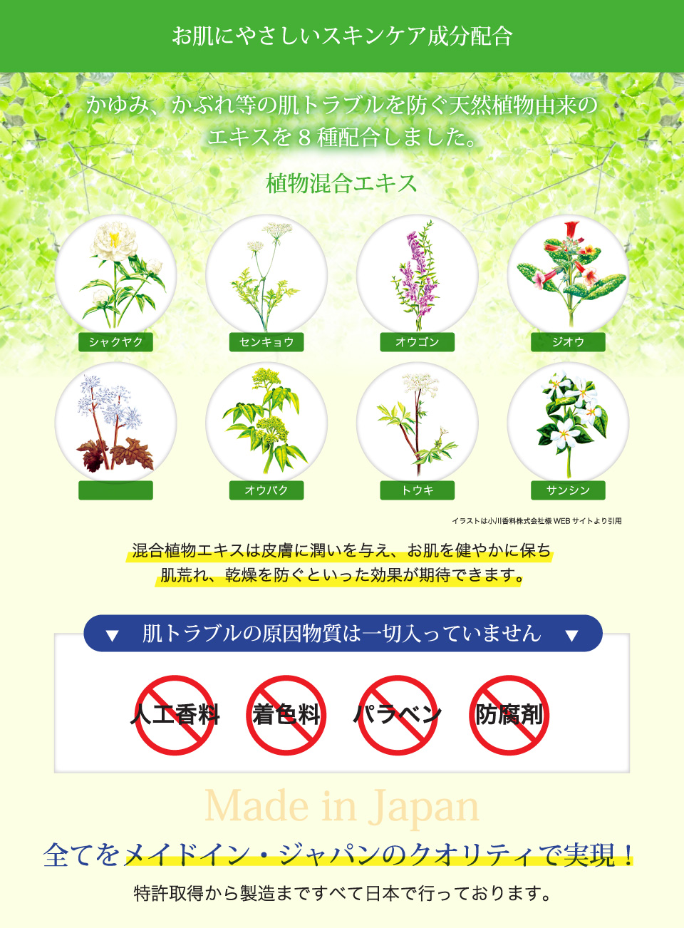 お肌にやさしいスキンケア成分配合。かゆみ、かぶれ等の肌トラブルを防ぐ天然植物由来のエキスを8種配合しました。混合植物エキスは皮膚に潤いを与え、お肌を健やかに保ち肌荒れ、乾燥を防ぐといった効果が期待できます。肌トラブルの原因物質は一切入っていません。全てをメイドイン・ジャパンのクオリティで実現！特許取得から製造まですべて日本で行っております。