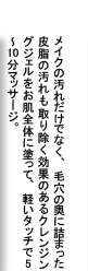 メイクの汚れだけでなく、毛穴の奥に詰まった皮脂の汚れも取り除く効果のあるクレンジングジェルをお肌全体に塗って、軽いタッチで 5〜10分マッサージ。